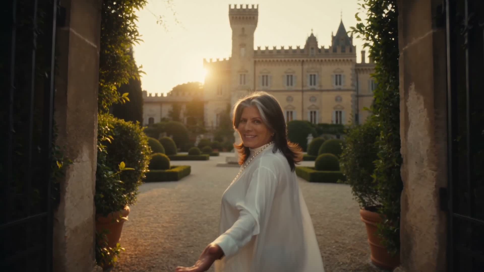 Doró Mendonça atravessando o portão de um château europeu ao entardecer