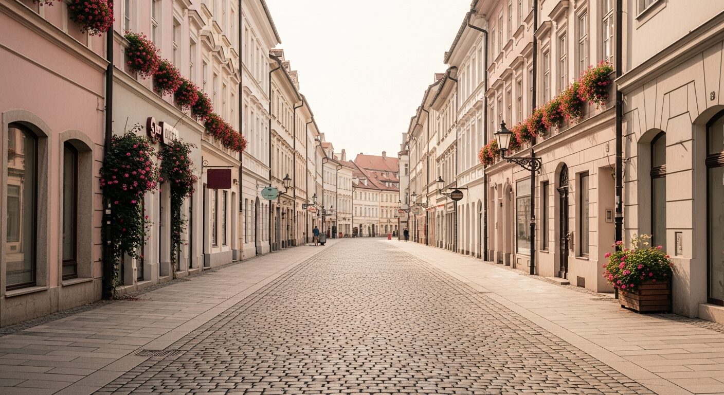 Rua europeia de pedra ensolarada com fachadas em tons pastel e flores